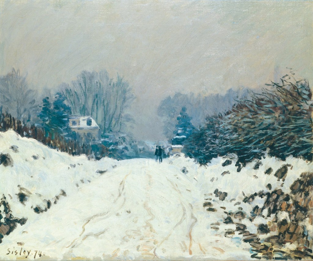 Tableau Décoratif Claude Monet - Route à Louveciennes, Neige Fondante, Soleil Couchant - Prêt à Accrocher